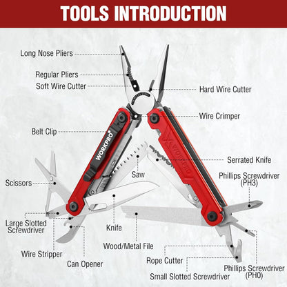 WORKPRO 18-in-1 Multi Tool Pliers, Stainless Steel EDC Multitool with Pocket Knife, 2 Safety Locks, Belt Clip and Oxford Pouch, Multipurpose Utility Multiuse Tool for Camping Outdoor Activities
