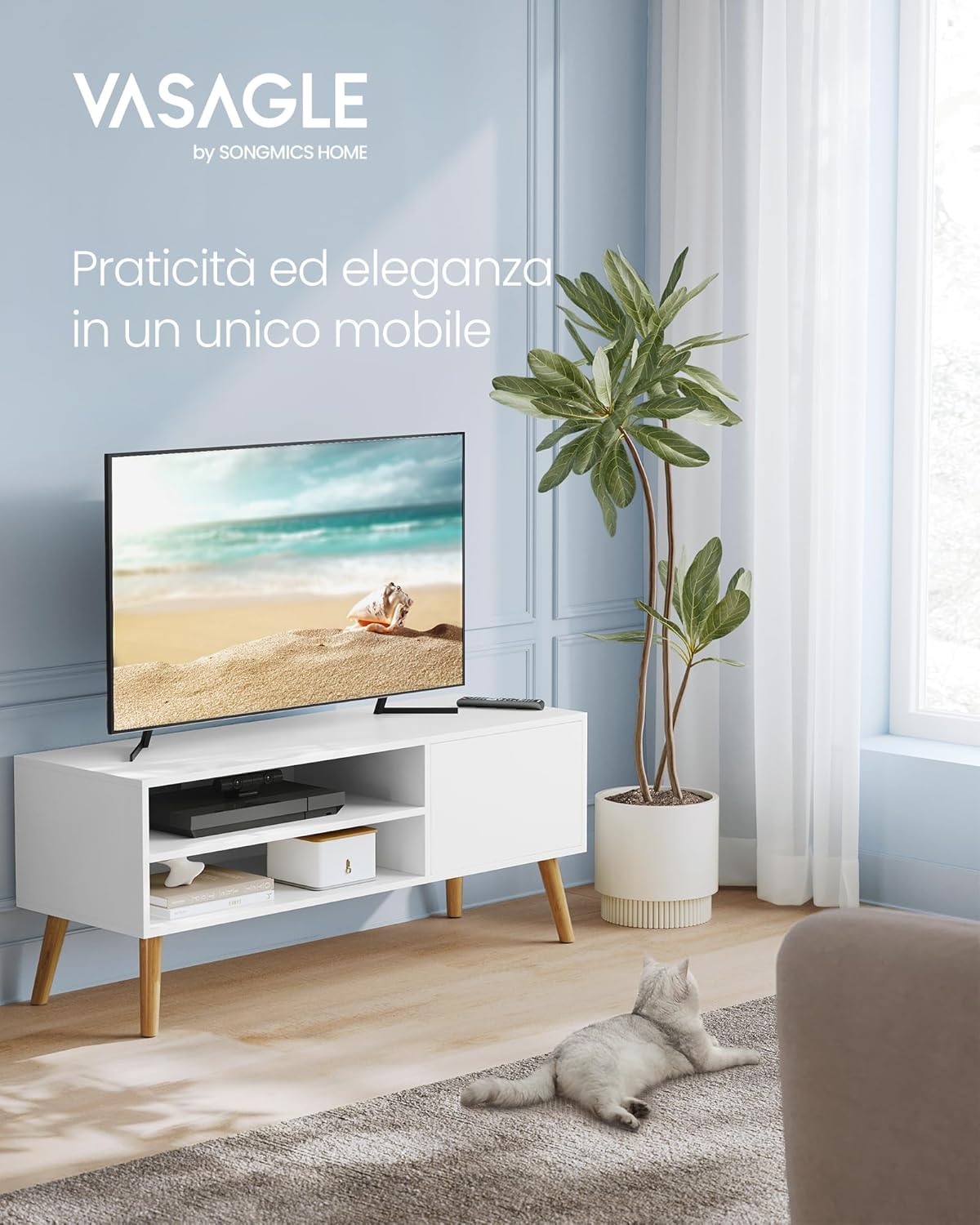 VASAGLE TV Cabinet Stand TV Cabinet for Up to 55 Inches TV Stand, 120cm Long TV Stand, Entertainment Centre, Mid Century Modern Living Room Bedroom White LTV120T46
