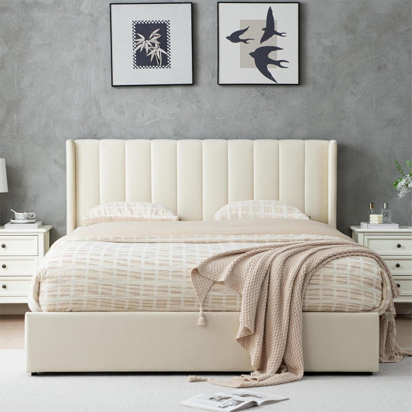 YUHUASHI Upholstered Queen-Size Platform Bed Frame with 4 Storage Drawers and Headboard, Velvet Upholstery with Wooden Slats Support, No Box Spring Required (Cream, Queen)