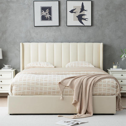 YUHUASHI Upholstered Queen-Size Platform Bed Frame with 4 Storage Drawers and Headboard, Velvet Upholstery with Wooden Slats Support, No Box Spring Required (Cream, Queen)