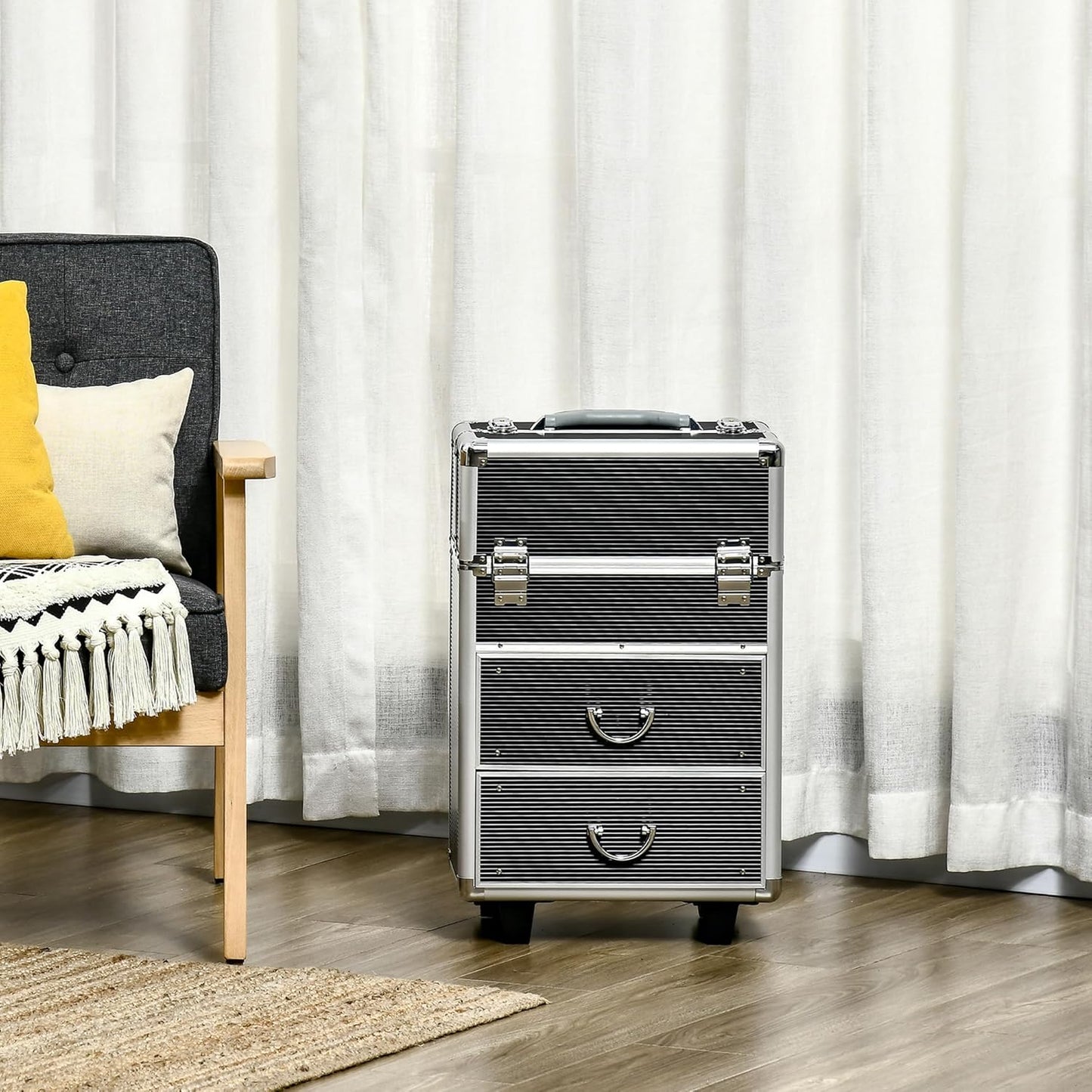 HOMCOM Professional Makeup Case, Reinforced Make Up Trolley in MDF, Aluminium and Steel, Lock with 2 Keys and Wheels, 36 x 23 x 58 cm, Black, modern