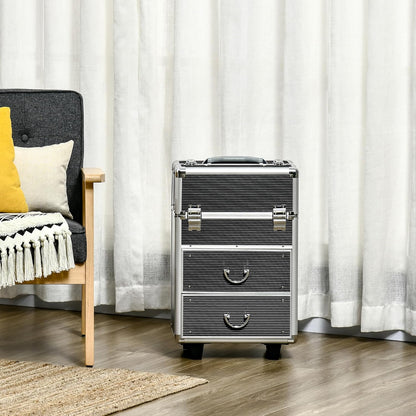 HOMCOM Professional Makeup Case, Reinforced Make Up Trolley in MDF, Aluminium and Steel, Lock with 2 Keys and Wheels, 36 x 23 x 58 cm, Black, modern