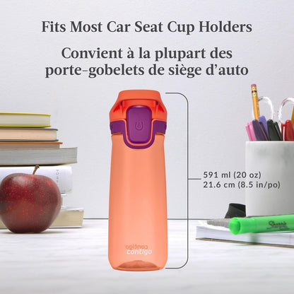 Contigo Kids Casey Water Bottle with Leak-Proof Lid, BPA-Free Plastic, Dishwasher Safe, Coral & Grape, 20 oz (591 mL)