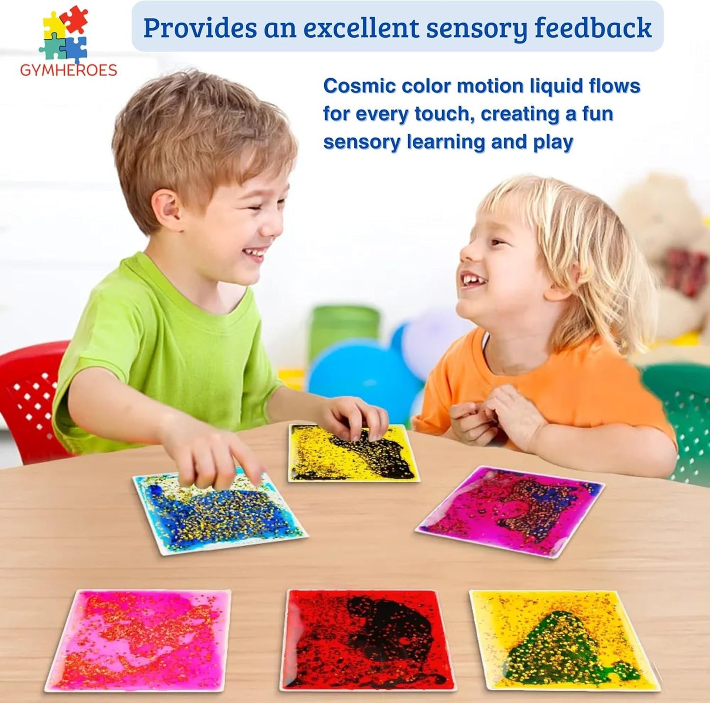 GYMHEROES Sensory Liquid Fidget Soft Gel Toys for Kids (Pack of 6), Anxiety Relief, Calming, Fine Motor Skills, Occupational Therapy Toys for Kids Ages 3+, Liquid Motion Sensory Play, Square Shape