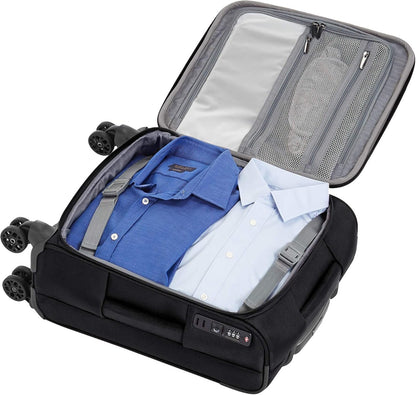 Amazon Basics 20-Inch Carry On Luggage, Softside Suitcase With TSA Lock, 8 Spinner Wheels, Front Exterior Pocket, 3 Interior Pockets For Dry and Damp Clothes/Towels Separately, Black