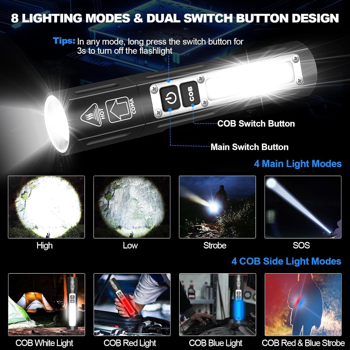 LED Rechargeable Magnetic Flashlights - Super Bright Long Beam Pocket Powerful Flashlight 8 Modes with COB Work Light, Dual Button Tactical Small Flashlight for Camping Emergency