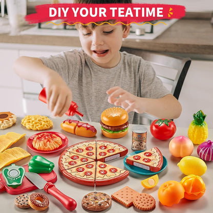 Comirth Play Food Sets for Kids Kitchen-80PC Pretend Food with 2 Kids Picnic Basket, Toy Food with Pizza Toy, Plastic Food Cutting Toys, Play Kitchen Accessories - Fake Food, Boys Girls Toddlers Gifts