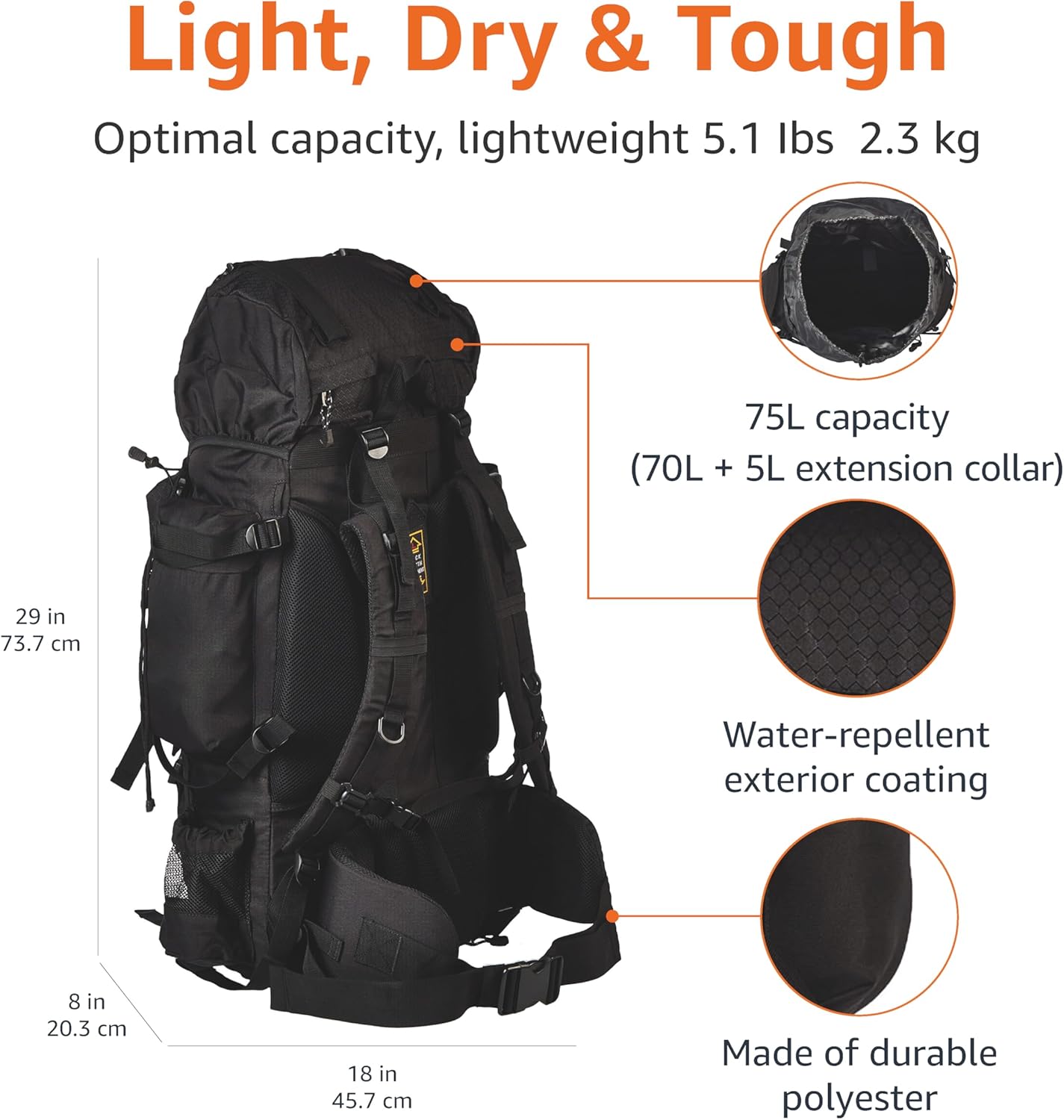 Amazon Basics Internal Frame Hiking Backpack with Rainfly, Rucksack Bag for Men & Women, Large Water Resistant Trekking Hiking Bag Travel Backpack, 75L, Black