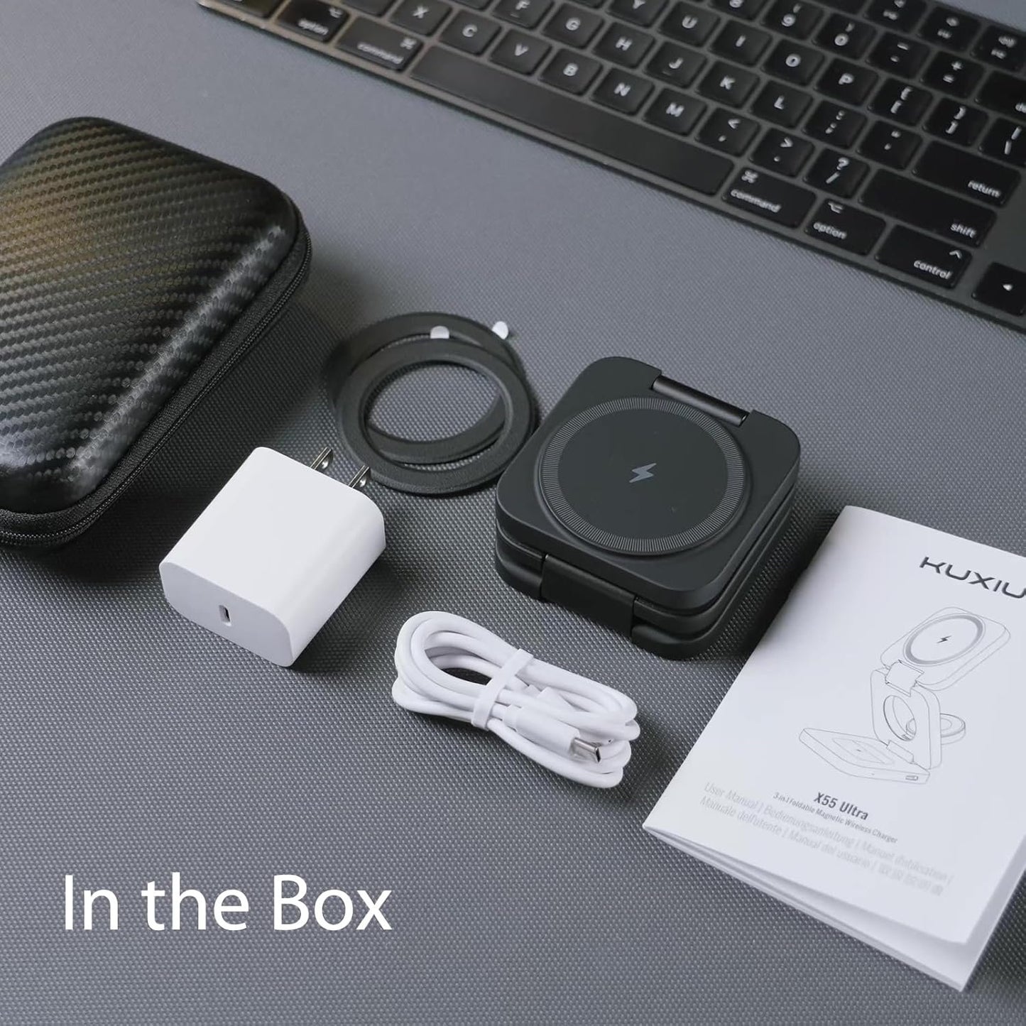 KU XIU X55 Ultra 3-in-1 Foldable Magnetic Wireless Charger for Samsung Galaxy S24 S23 S22 Note 20 Z Fold Flip 6 5, Galaxy Watch Ultra 7 6 5, Galaxy Buds - Black
