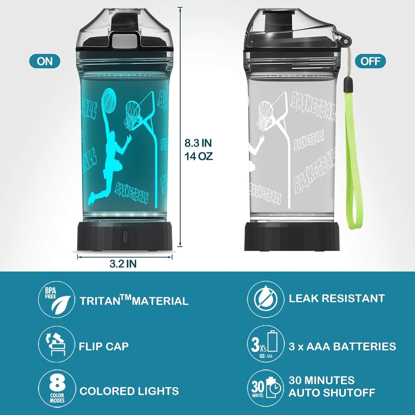 Basketball Gifts, Light Up Kids LED Water Bottle with 3D Basketball Design- 14 OZ Tritan BPA Free - Cool Drinking Cups Gift for School Kids Teenage Boy Girl Child Christmas Holiday