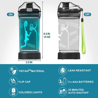 Basketball Gifts, Light Up Kids LED Water Bottle with 3D Basketball Design- 14 OZ Tritan BPA Free - Cool Drinking Cups Gift for School Kids Teenage Boy Girl Child Christmas Holiday