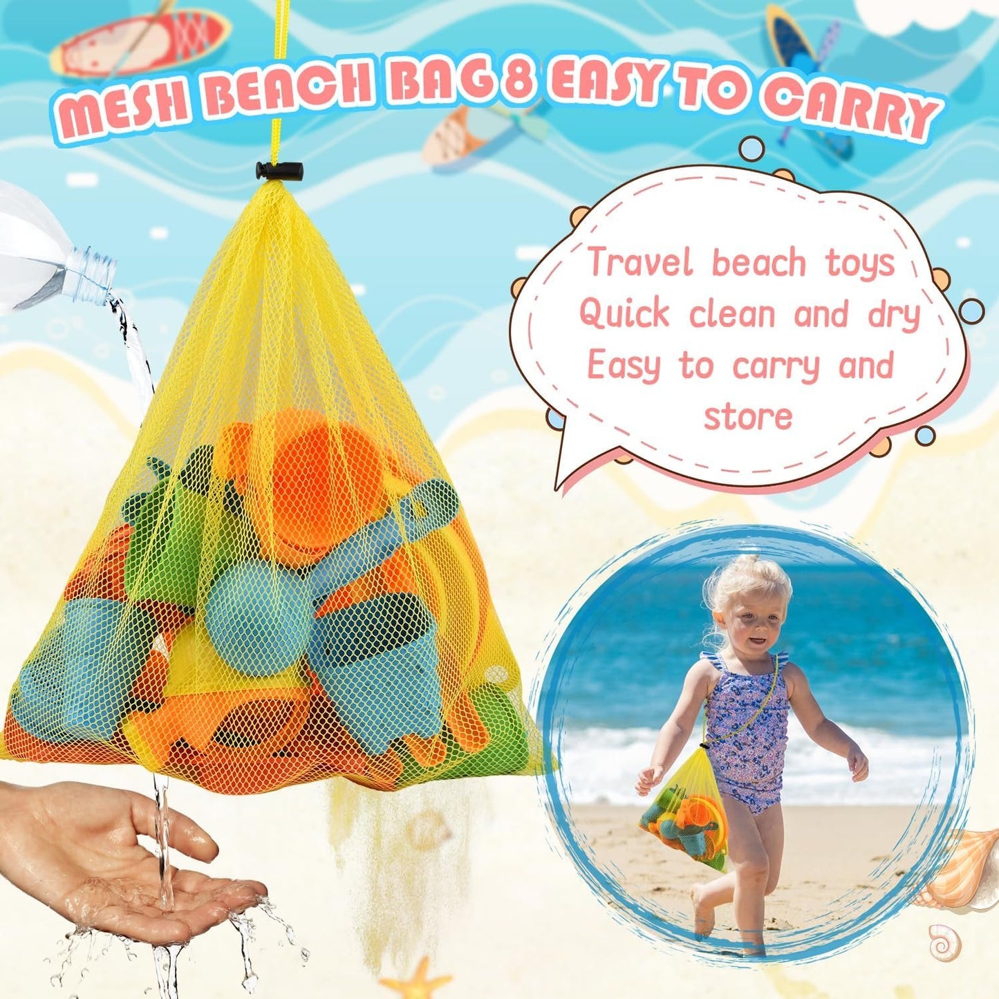 Beach Toys, Sandbox Toys with Collapsible Sand Bucket, Shovel Set, Sand Castle Kit, Animal Molds Mesh Bag, Summer Water Poor Sea Outdoor Play Travel Toys for Kids Toddlers Boys Girls-19PCS