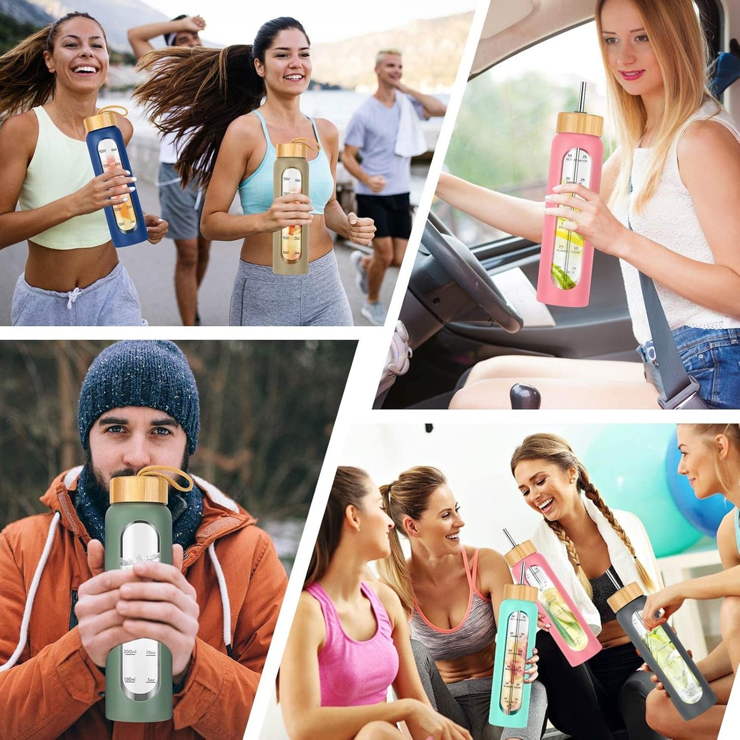 SipZest 32 oz Glass Water Bottle with Straw - Motivational Time Marker & Silicone Sleeve - Reusable Tumbler Includes 2 Bamboo Lids & Fruit Infuser - 1 Pack