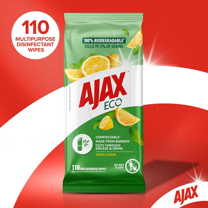 Ajax Eco Antibacterial Disinfectant Surface Cleaning Wipes, Bulk 110 Pack, Fresh Lemon, Multipurpose, Biodegradable and Compostable, Made with Bamboo Fibres