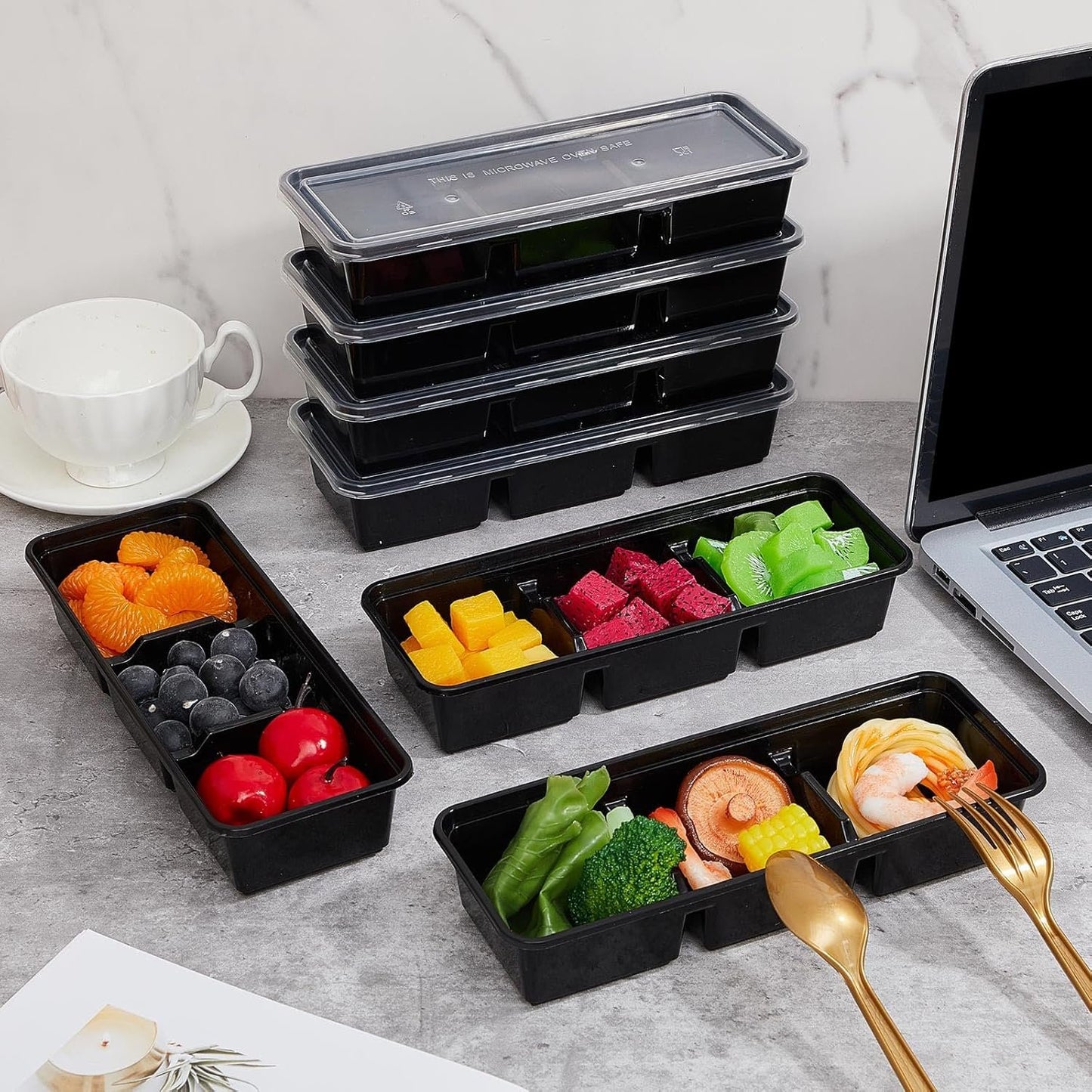 Hushee 17 oz Small Meal Prep Containers with 3 Compartments, Disposable Plastic Bento Boxes Reusable Stackable Food Containers Travel Lunch Boxes for Office, School, Picnic, Microwave Safe(50 Pack)
