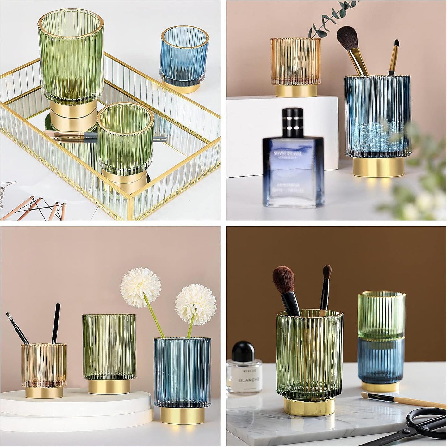 DASITON Makeup Brush holder Organizer,Crystal Cosmetic Makeup Brush Glass Brushes Storage Holder, Vintage Make Up Brush Cup Pen Pencil Holder striped vase(Green S+L）