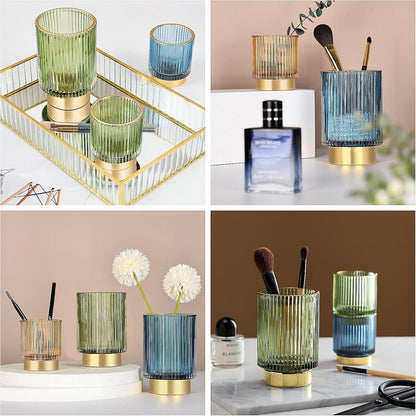 DASITON Makeup Brush holder Organizer,Crystal Cosmetic Makeup Brush Glass Brushes Storage Holder, Vintage Make Up Brush Cup Pen Pencil Holder striped vase(Green S+L）