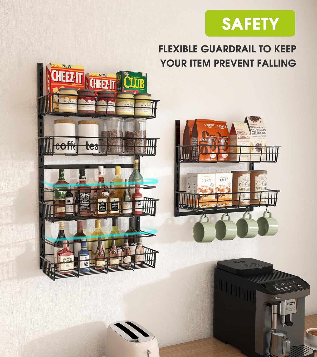 Over The Door Pantry Organizer, Wall Mount Spice Rack, Pantry Hanging Storage and Organization, 8 Adjustable Baskets Heavy-Duty Metal for Home & Kitchen, Back of Door Seasoning Rack - Black