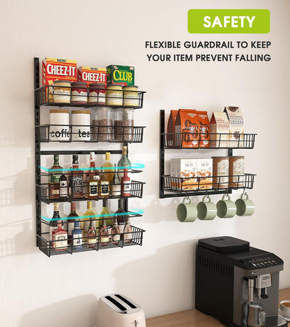 Over The Door Pantry Organizer, Wall Mount Spice Rack, Pantry Hanging Storage and Organization, 8 Adjustable Baskets Heavy-Duty Metal for Home & Kitchen, Back of Door Seasoning Rack - Black