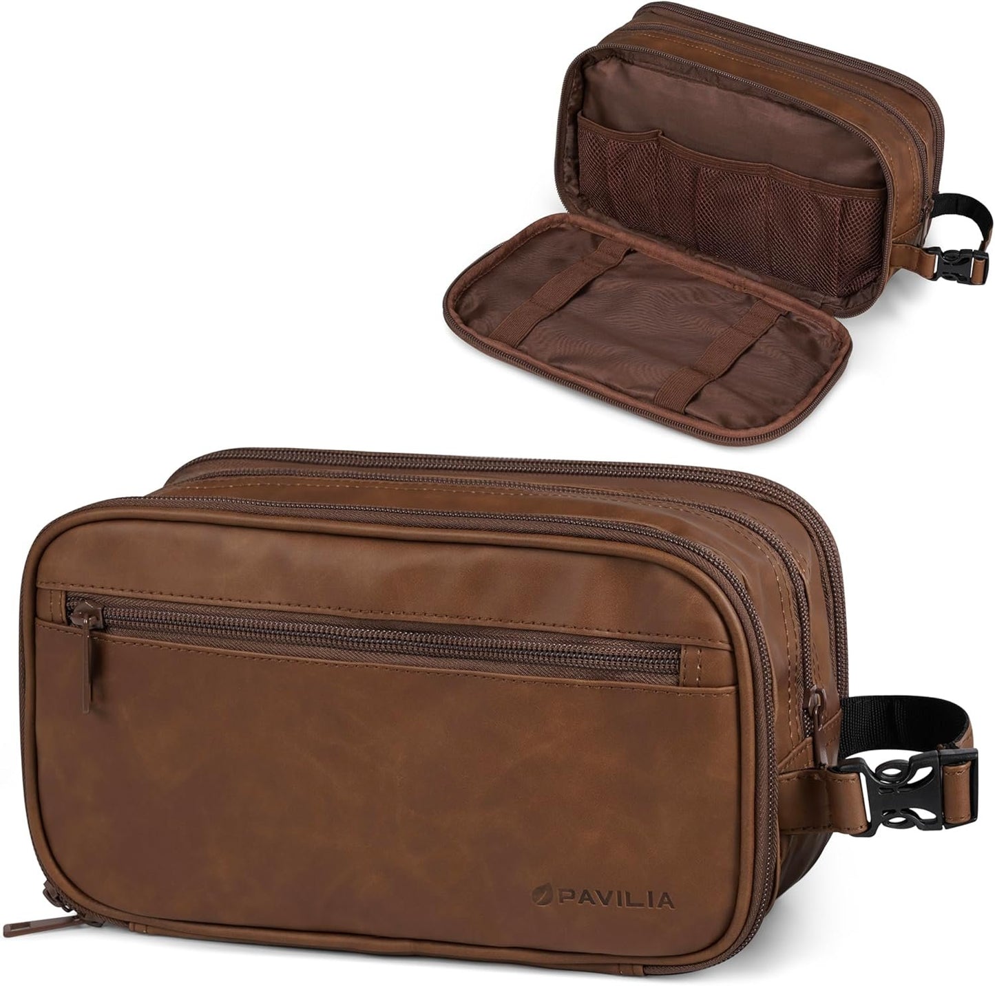 PAVILIA Toiletry Bag for Men, Travel Toiletries Bag | Water-resistant Dopp Kit, PU Leather Shaving Pouch Organizer for Accessories, Cosmetic, Hygiene, Grooming Essentials (Brown)