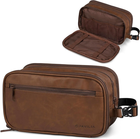 PAVILIA Toiletry Bag for Men, Travel Toiletries Bag | Water-resistant Dopp Kit, PU Leather Shaving Pouch Organizer for Accessories, Cosmetic, Hygiene, Grooming Essentials (Brown)