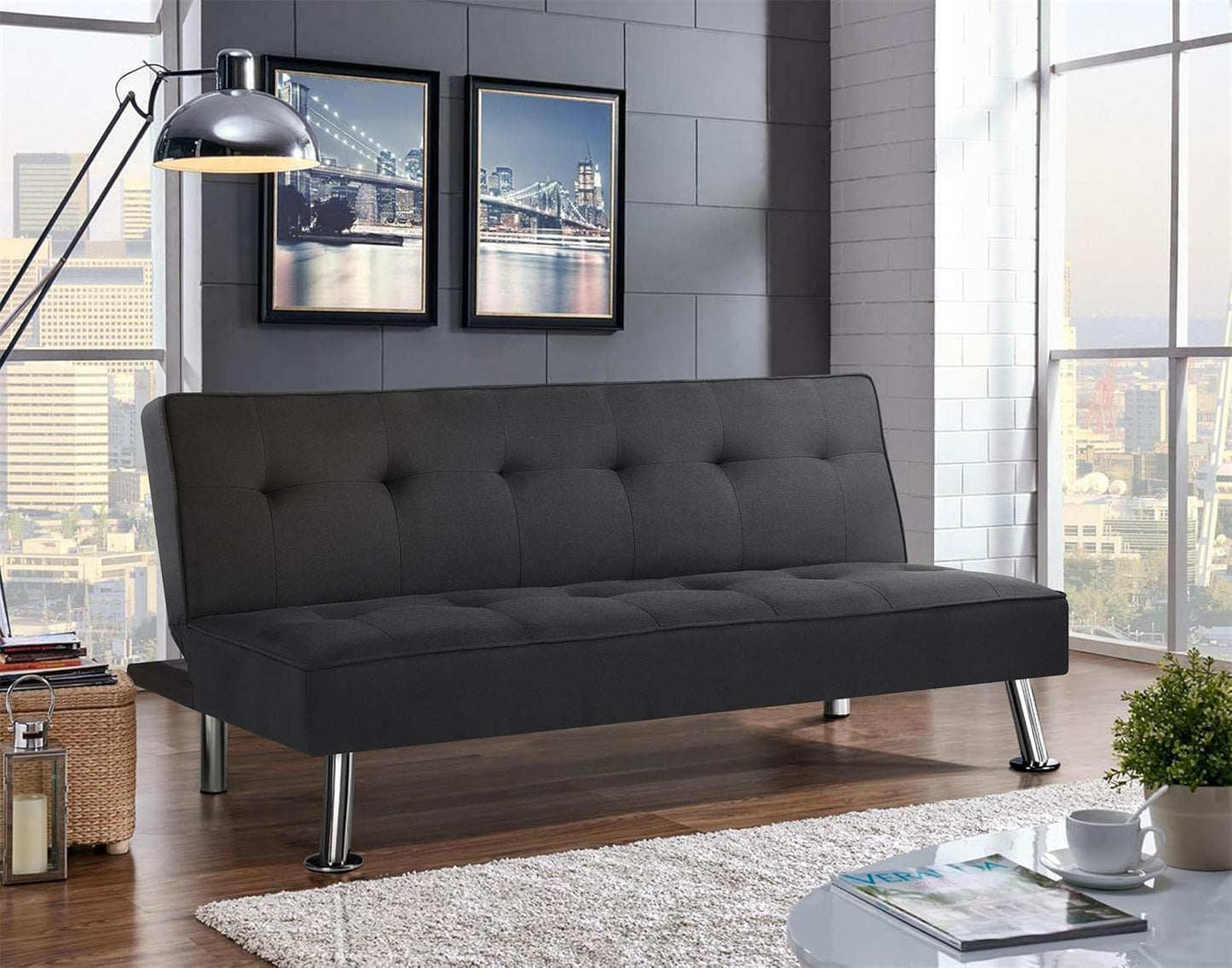 Yaheetech Sofa Bed Convertible Sofa Bed 3-Seater Padded Furniture Reclining Sofa with Metal Legs for Living Room Guest Bedroom Black/Fabric
