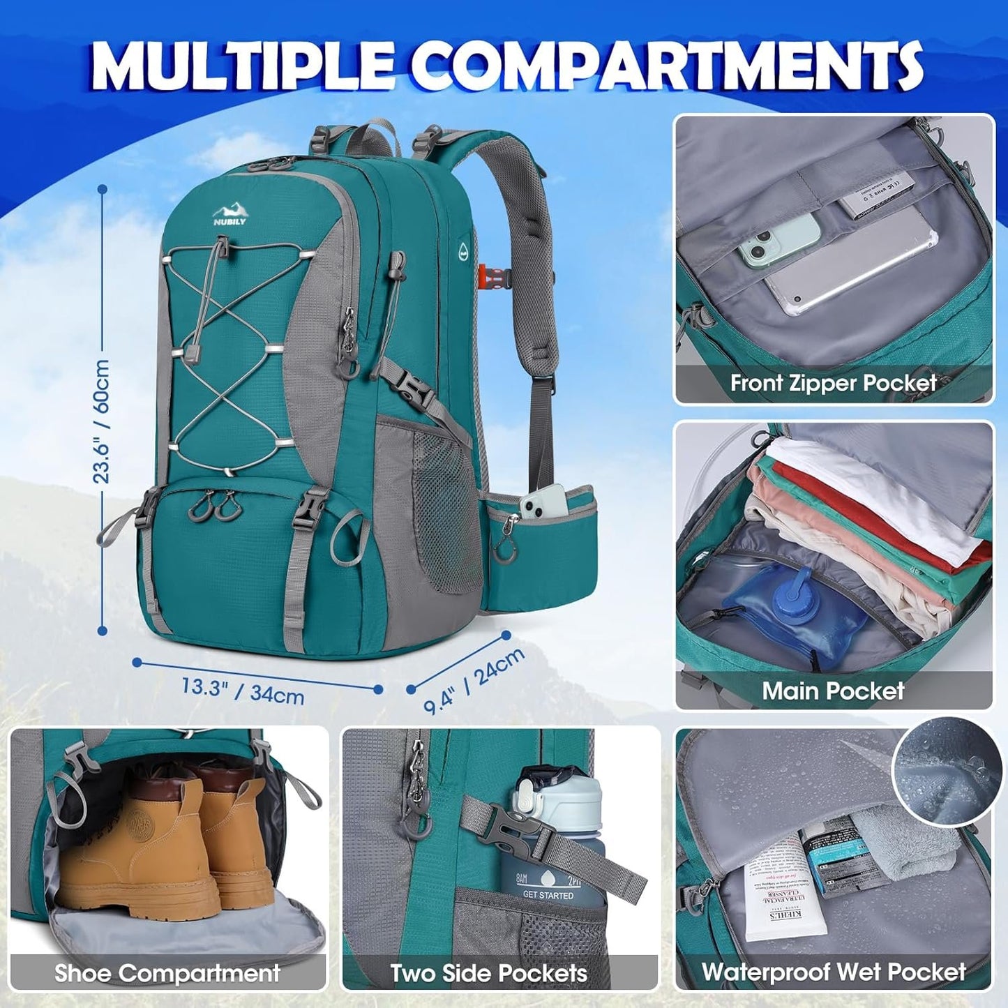 Hiking Backpack for Men 50L Waterproof Camping Backpack with Rain Cover Large Outdoor Sport Travel Backpack for Climbing