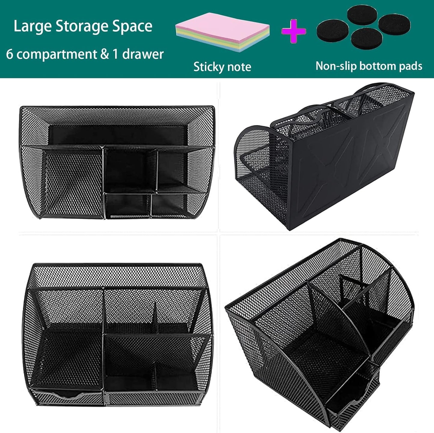 PYJLBX Desk Organizer, Pen Holder Desk Accessories, Metal Mesh Desk Organizers and Storage, Pencil Holder Desk Organizers Office Supplies Caddy Desk Storage with Draw for Home, Office, School (Black)