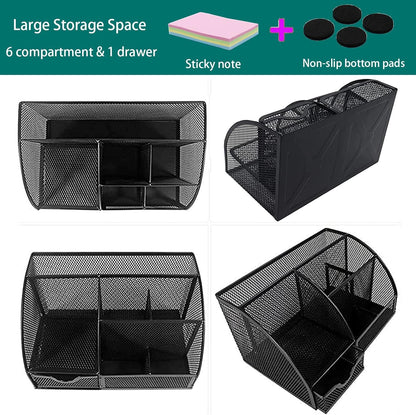 PYJLBX Desk Organizer, Pen Holder Desk Accessories, Metal Mesh Desk Organizers and Storage, Pencil Holder Desk Organizers Office Supplies Caddy Desk Storage with Draw for Home, Office, School (Black)