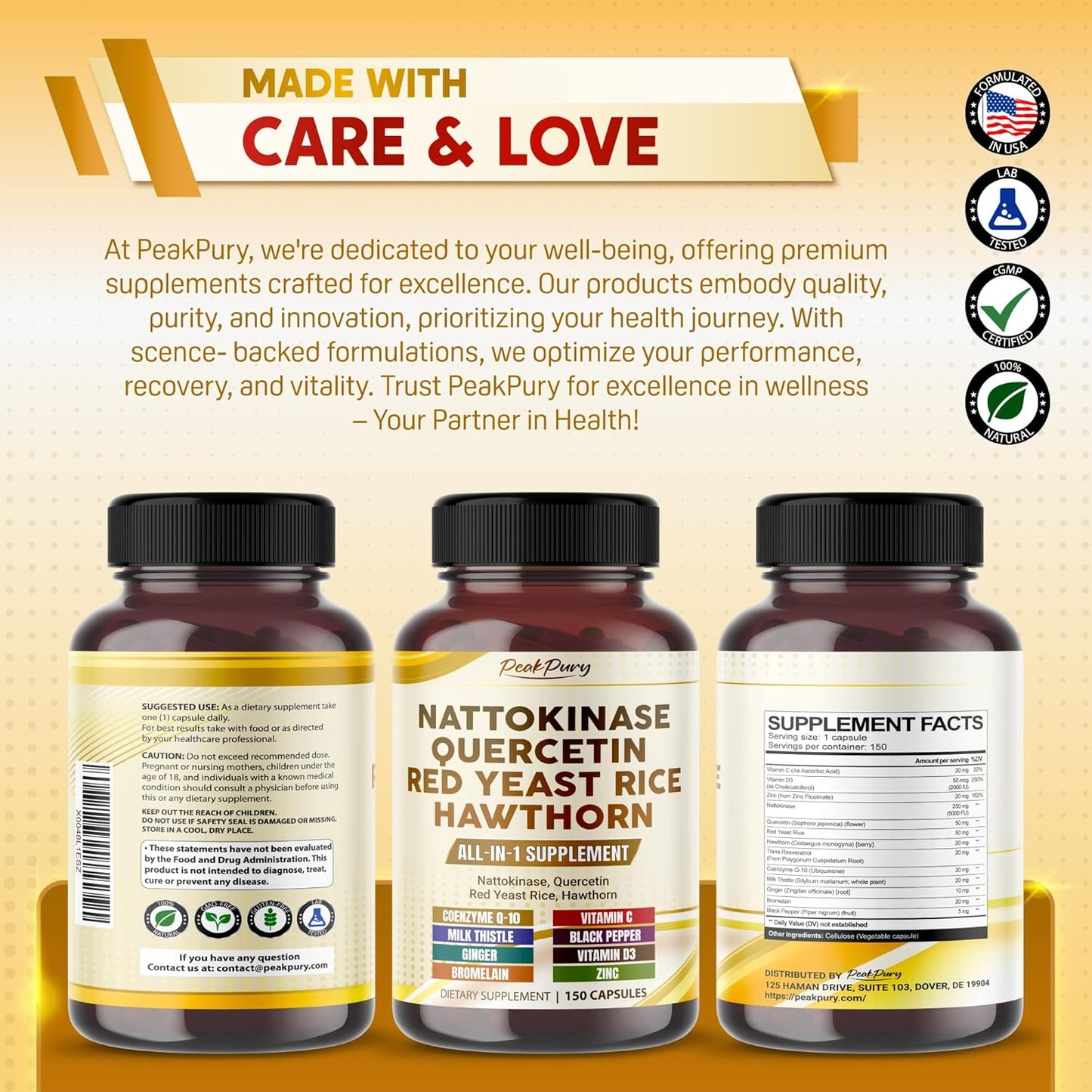 Nattokinase 5000FU Quercetin Red Yeast Rice Hawthorn - Overall Wellness Support - Made in USA