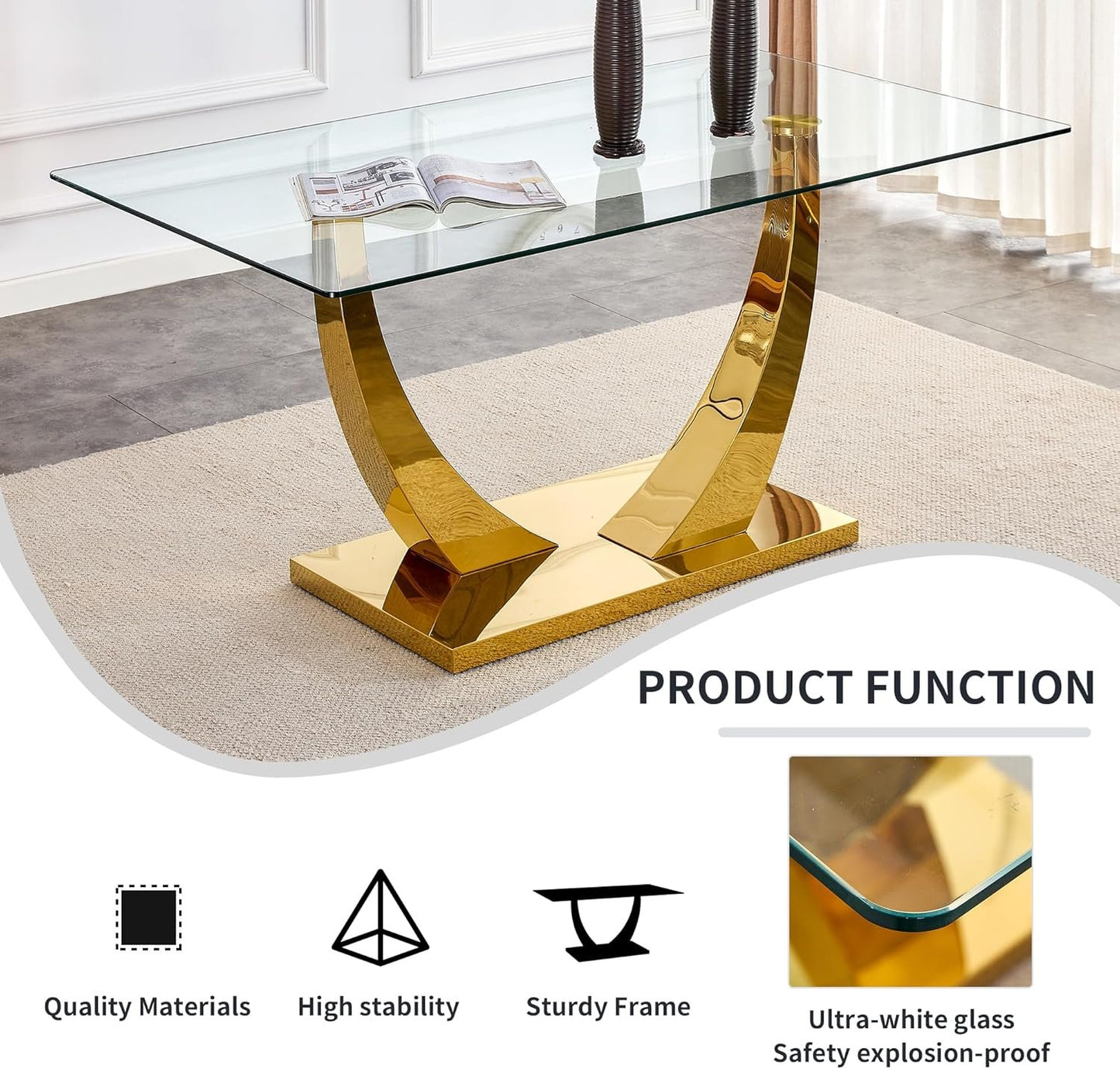 WEKEOT Modern Dining Table Rectangle Kitchen Table Tempered Glass Tabletop with Golden Leg Dinner Table for Dining Room, Office, Restaurant (160CM, Glass Tabletop and Golden Leg)