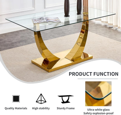 WEKEOT Modern Dining Table Rectangle Kitchen Table Tempered Glass Tabletop with Golden Leg Dinner Table for Dining Room, Office, Restaurant (160CM, Glass Tabletop and Golden Leg)