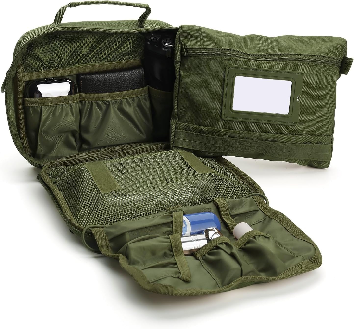 SMONT Tactical Toiletry Bag for Men, 9.5" Hanging Dopp Kit Shaving Hygiene Bag for Traveling Bathroom, Green, Multifunctional