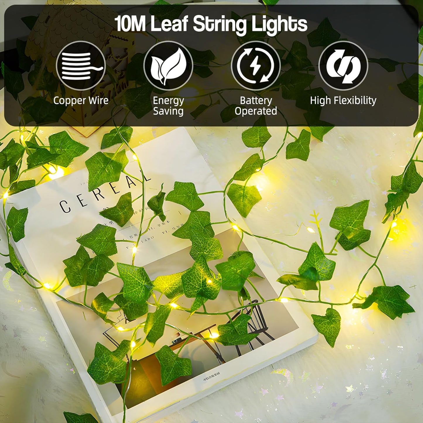 Taefuhnn 10M 100LED Vine Leaf Fairy String Lights Batteries Powered, Fake Green Ivy Vine Fairy String Lights for Room Home Bedroom Outdoor Indoor Garden Decor