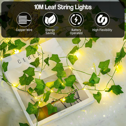 Taefuhnn 10M 100LED Vine Leaf Fairy String Lights Batteries Powered, Fake Green Ivy Vine Fairy String Lights for Room Home Bedroom Outdoor Indoor Garden Decor