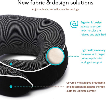 Proglobe Orthopedic Neck Pillow Travel Neck Pillows for Airplanes, Memory Foam Kit, Updated Resting Material, Airplane Travel Set with 3D Contoured Eye Masks, Earplugs, and Luxury Mesh Bag (Black)