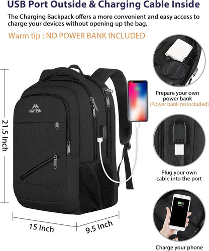 MATEIN Extra Large Business Travel Anti Theft Laptop Backpack, 18 Inch TSA Airline Approved Carryon Backpack for Women Men, Work Bag with USB Port and Luggage Strap, Black