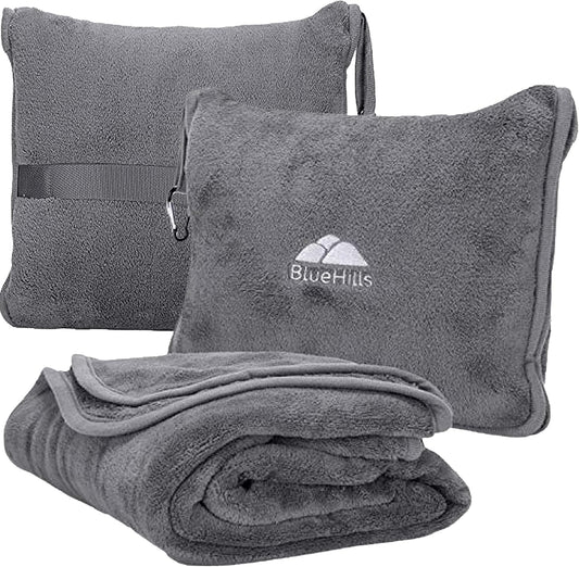 BlueHills Premium Soft Travel Blanket Pillow Airplane Flight Blanket throw in Soft Bag Pillow case with Hand Luggage Belt and Backpack Clip Compact Pack Large Blanket for Travel Grey Color (Gray T007)