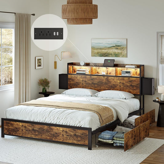 HAUSOURCE Queen Bed Frame with 2-Tier Storage Headboard and 2 Drawers LED Lights Bed Frame Queen Size Metal Platform Non-Slip Without Noise No Box Spring Needed Brown