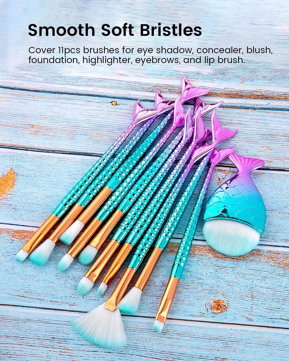Mermaid Makeup Brushes Set, NIZIYI 11PCS Make Up Foundation Powder Cream Eyebrow EyeShadow Eyeliner Lip Blush Concealer Kabuki Beauty Brushes with Bag for Girls Toys Christmas & Birthday