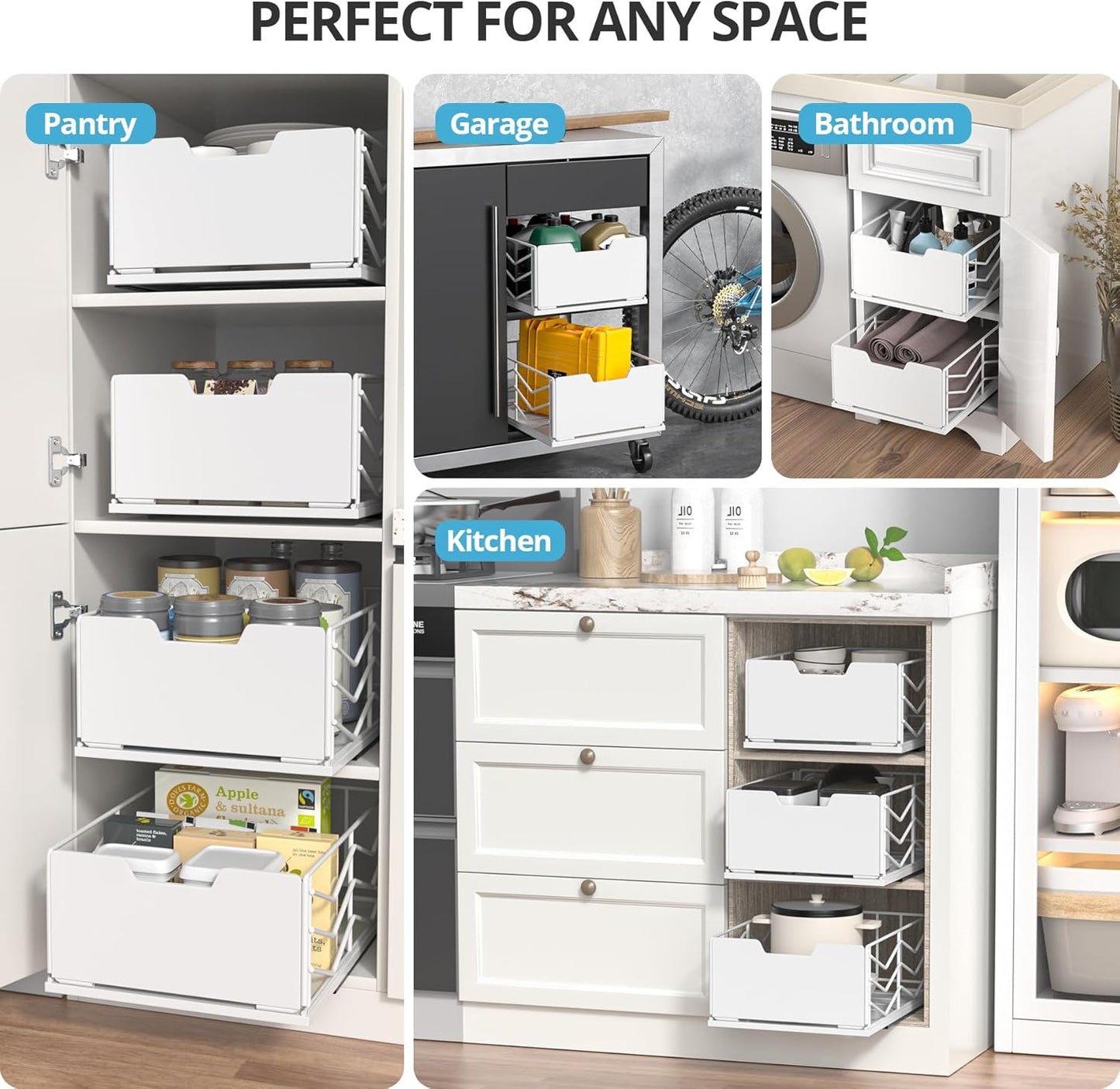 ZOINLIY Small Pull Out Organizer Basket - Smooth Sliding Cabinet Organizer, Heavy Duty Drawers Organizer for Cabinets, Slide Out Under Sink Organizer, 15.7" D x 11.8" W x 6.7" H (L - 2 Pack)