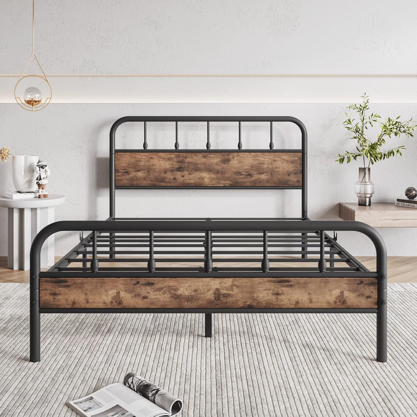 Elegant Home Products Full Bed Frame with Wood Headboard and Footboard,Sturdy Steel Slats,Metal Platform Bed Frame,No Box Spring Needed,Noise Free Mattress Foundation Black & Rustic Brown