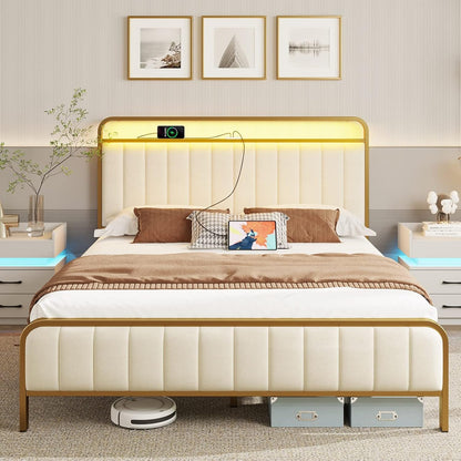 Rolanstar Bed Frame Full Size with Charging Station and LED Light, Upholstered Velvet Bed with Headboard Footboard, Heavy Duty Metal Slat, No Box Spring Need, Noise Free, Easy Assembly, Golden Color