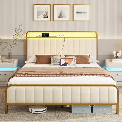 Rolanstar Bed Frame Full Size with Charging Station and LED Light, Upholstered Velvet Bed with Headboard Footboard, Heavy Duty Metal Slat, No Box Spring Need, Noise Free, Easy Assembly, Golden Color