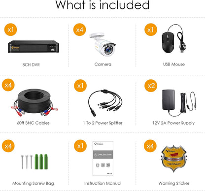Anlapus 1080P Surveillance Kit DVR 8CH H.265+ Video Recorder with 4pcs Outdoor Camera, Without HDD, Night Vision, E-mail Alarm, P2P