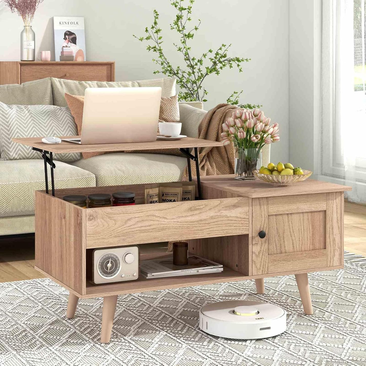 Costway Lift-Top Coffee Table, Flip Top Center Table, Small Coffee Table with Hidden Storage & Open Shelf, Convertible Office Table, Lift Tabletop Dining Table for Living Room (Natural)