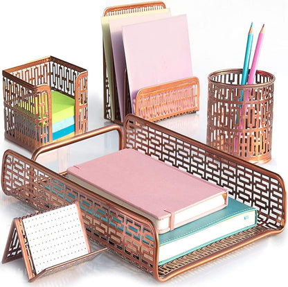 5 Piece Rose Gold Desk Organizer - Office Accessories, Modern Chic Dorm Desk Supply Set, Desk Accessories
