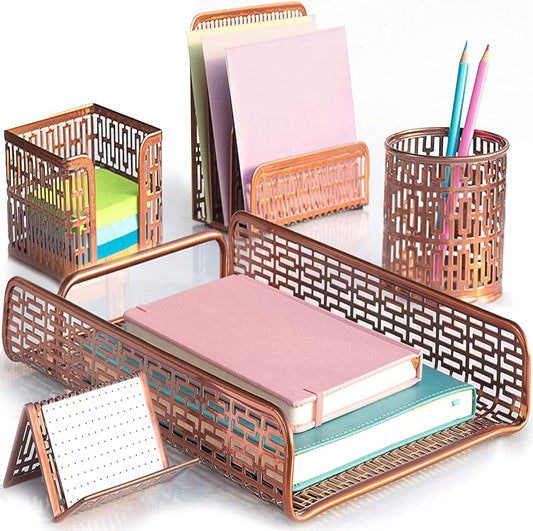 5 Piece Rose Gold Desk Organizer - Office Accessories, Modern Chic Dorm Desk Supply Set, Desk Accessories