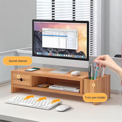 Monitor Stand, 2 Tier Computer Monitor Riser with Drawer and Pen Holder, Ergonomic Laptop Stand, Desktop Shelf for Laptop, TV Screen, PC Monitor (Cherry Wood)