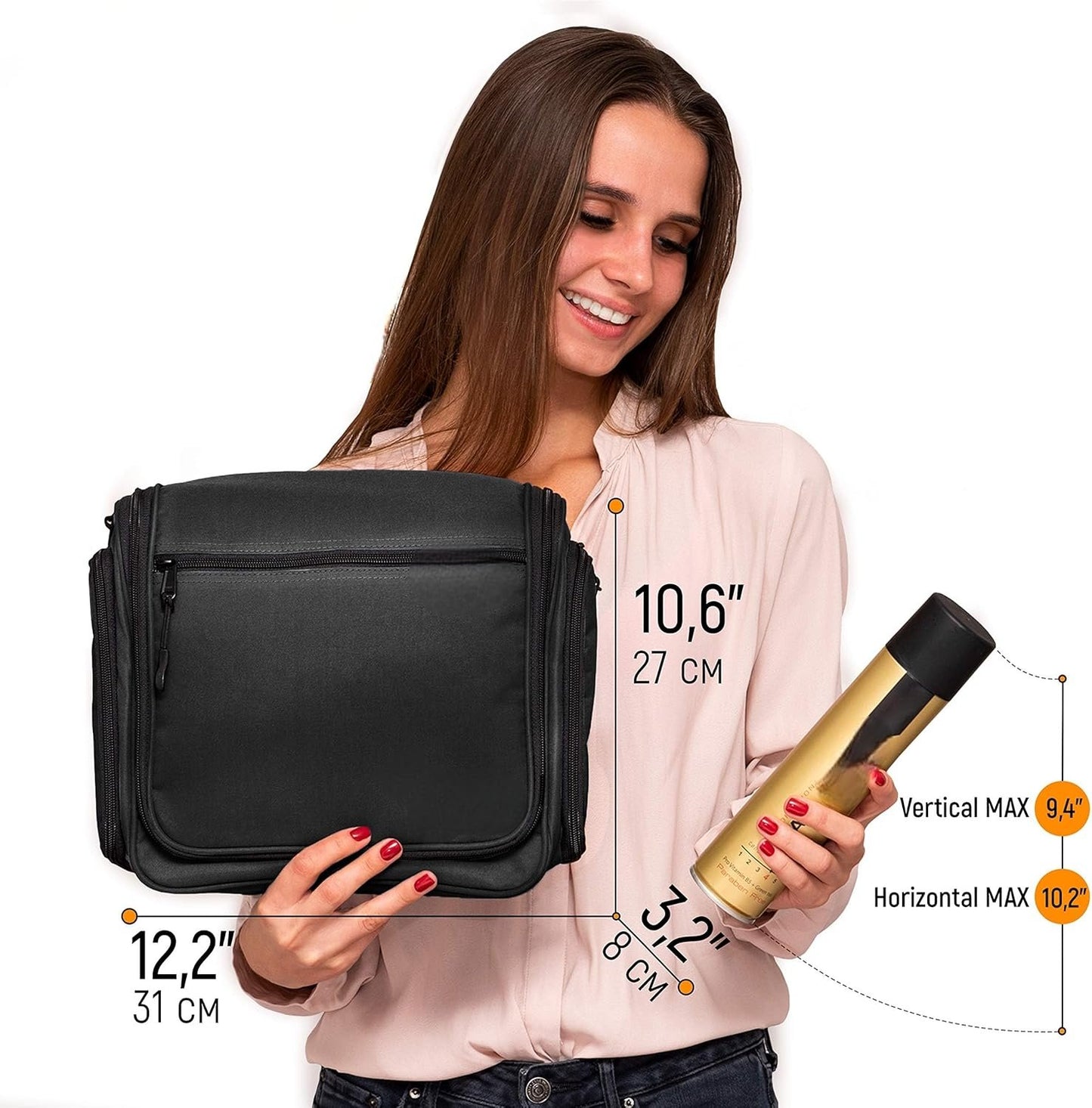 Travel Toiletry Bag for Men and Women, Large Hanging Toiletry Organizer with 19 Compartments, Waterproof Hygiene, Metal Swivel Hook and YKK Zippers Ideal for Toiletries, Makeup and Cosmetics (Black)